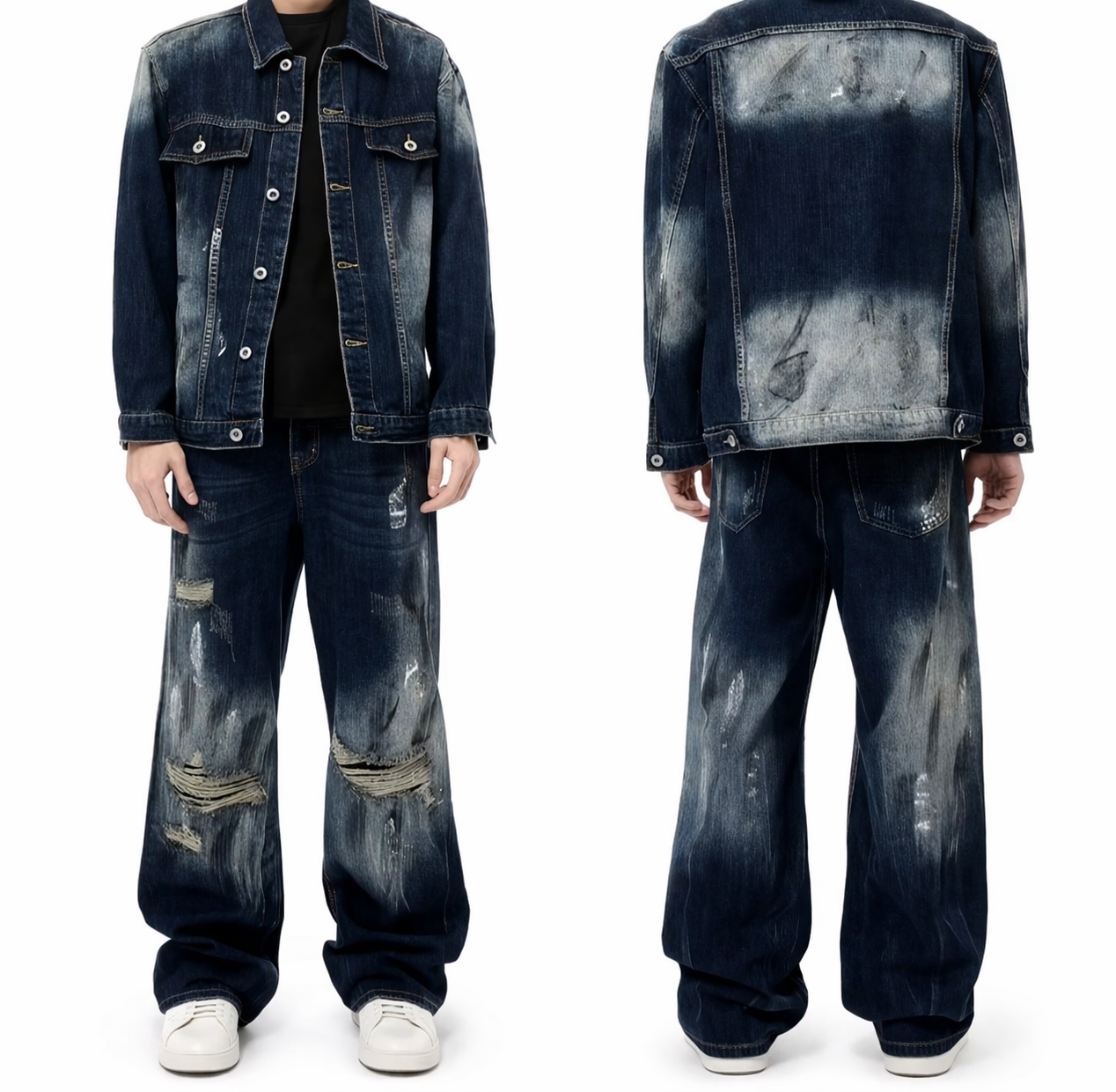 NOUVARK® Heavy Distressed Baggy Denim – Vintage Indigo Wash