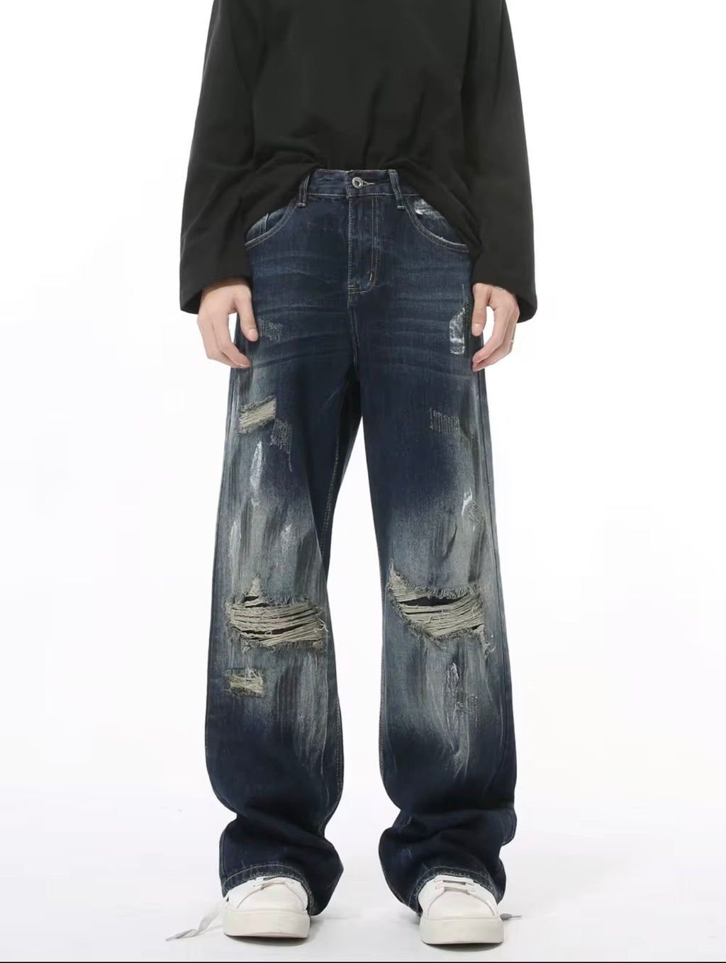 NOUVARK® Heavy Distressed Baggy Denim – Vintage Indigo Wash