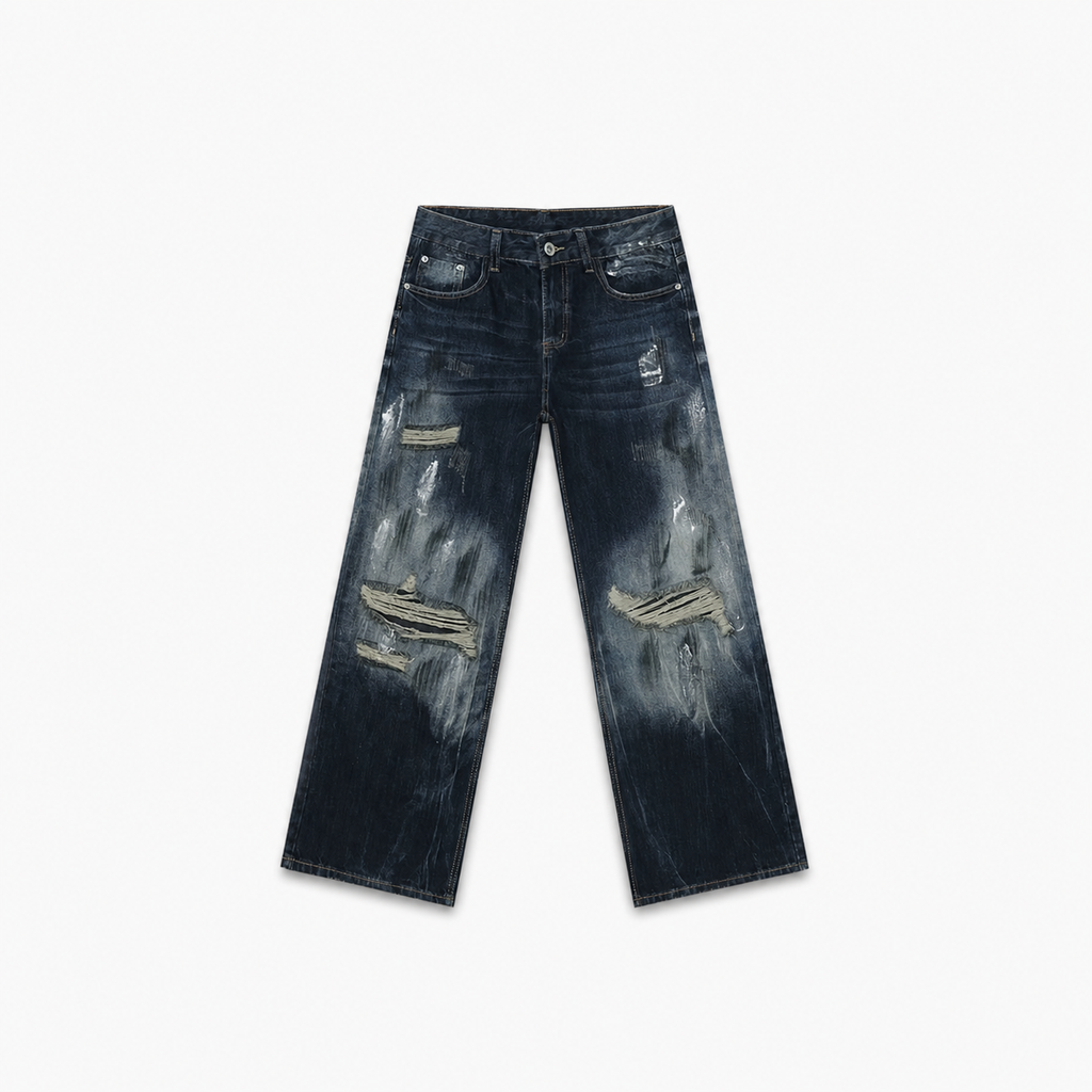 NOUVARK® Heavy Distressed Baggy Denim – Vintage Indigo Wash