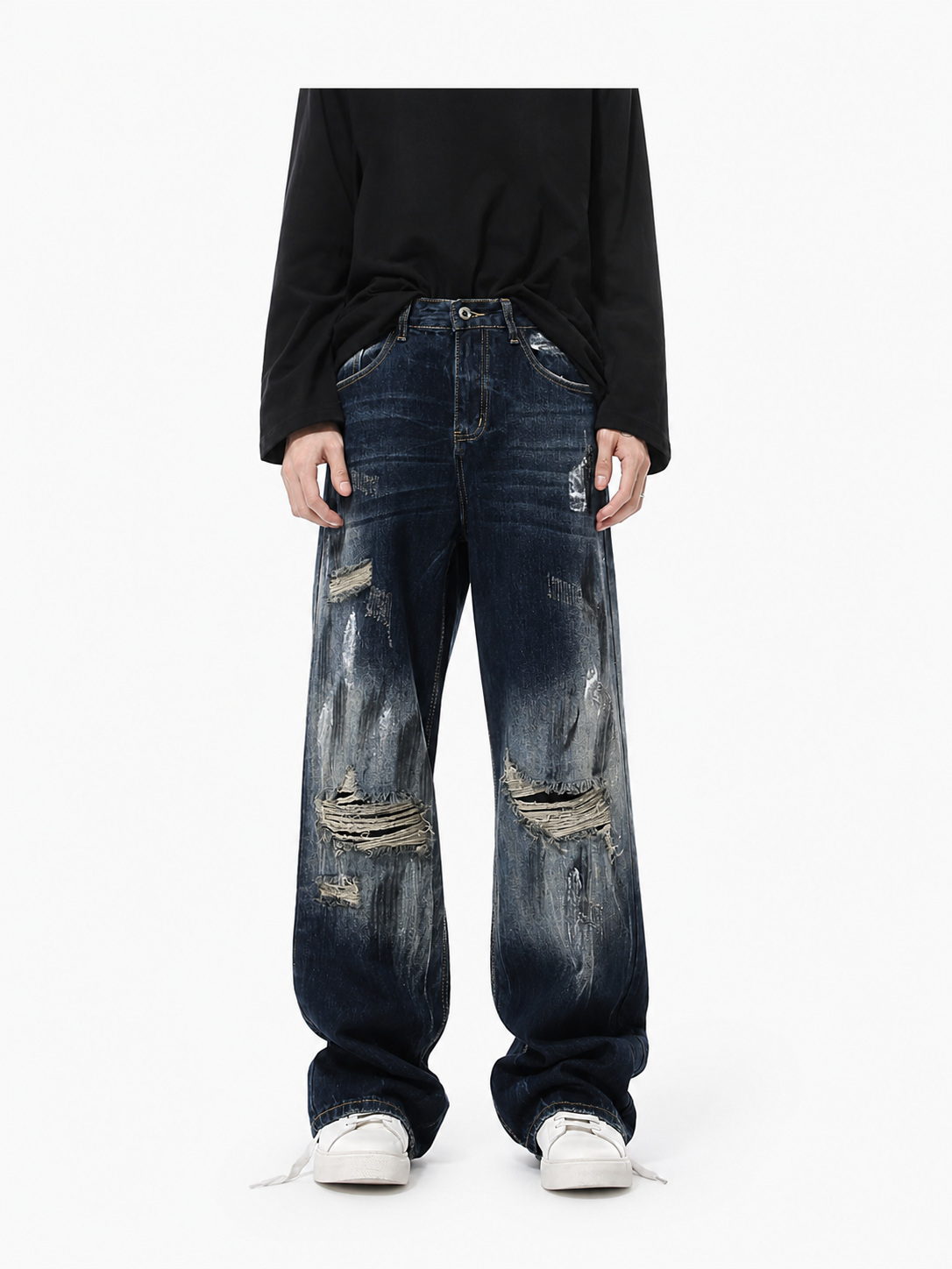 NOUVARK® Heavy Distressed Baggy Denim – Vintage Indigo Wash